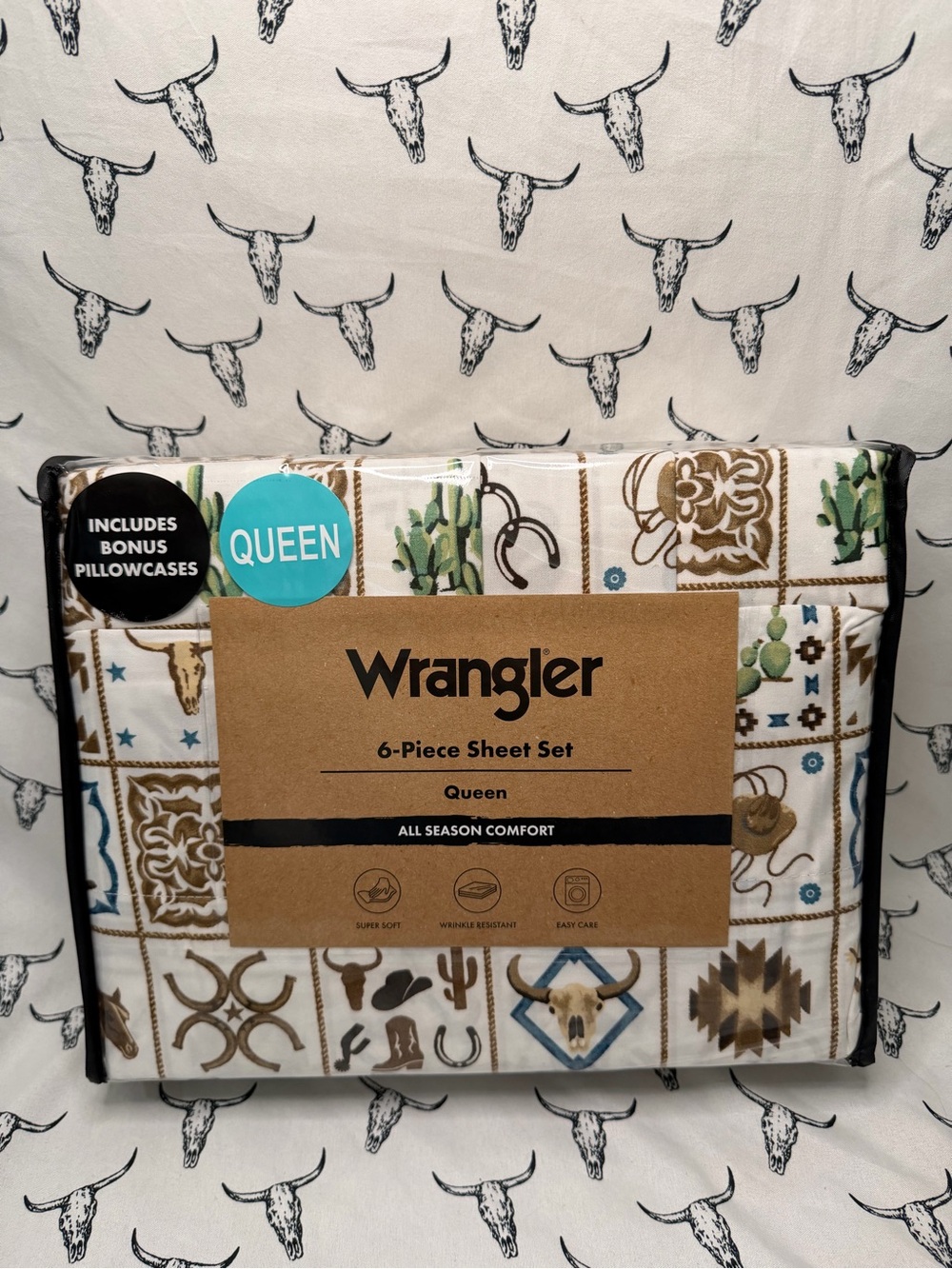 Wrangler Queen Sheet Set in Cream, Brown & Green with Blue Accents